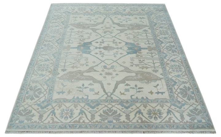 Ivory, Teal and Brown 8x10 Hand knotted Traditional oriental oushak wool area rug - The Rug Decor