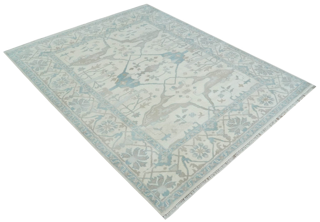 Ivory, Teal and Brown 8x10 Hand knotted Traditional oriental oushak wool area rug - The Rug Decor