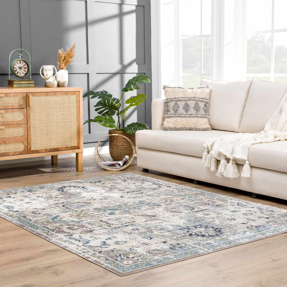 Ivory, Teal, Gray and Charcoal Traditional Transitional Design Washable Area Rug - The Rug Decor
