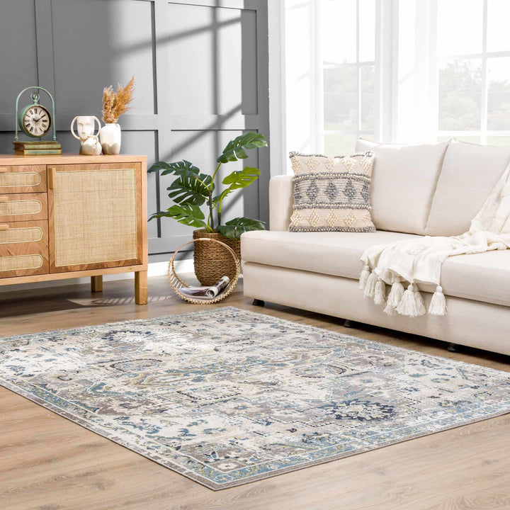 Ivory, Teal, Gray and Charcoal Traditional Transitional Design Washable Area Rug - The Rug Decor
