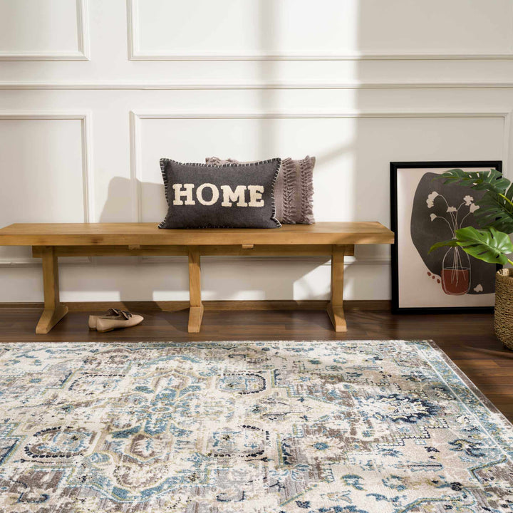 Ivory, Teal, Gray and Charcoal Traditional Transitional Design Washable Area Rug - The Rug Decor