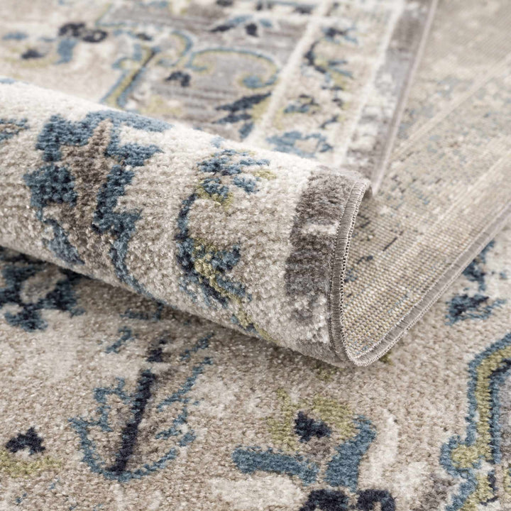 Ivory, Teal, Gray and Charcoal Traditional Transitional Design Washable Area Rug - The Rug Decor