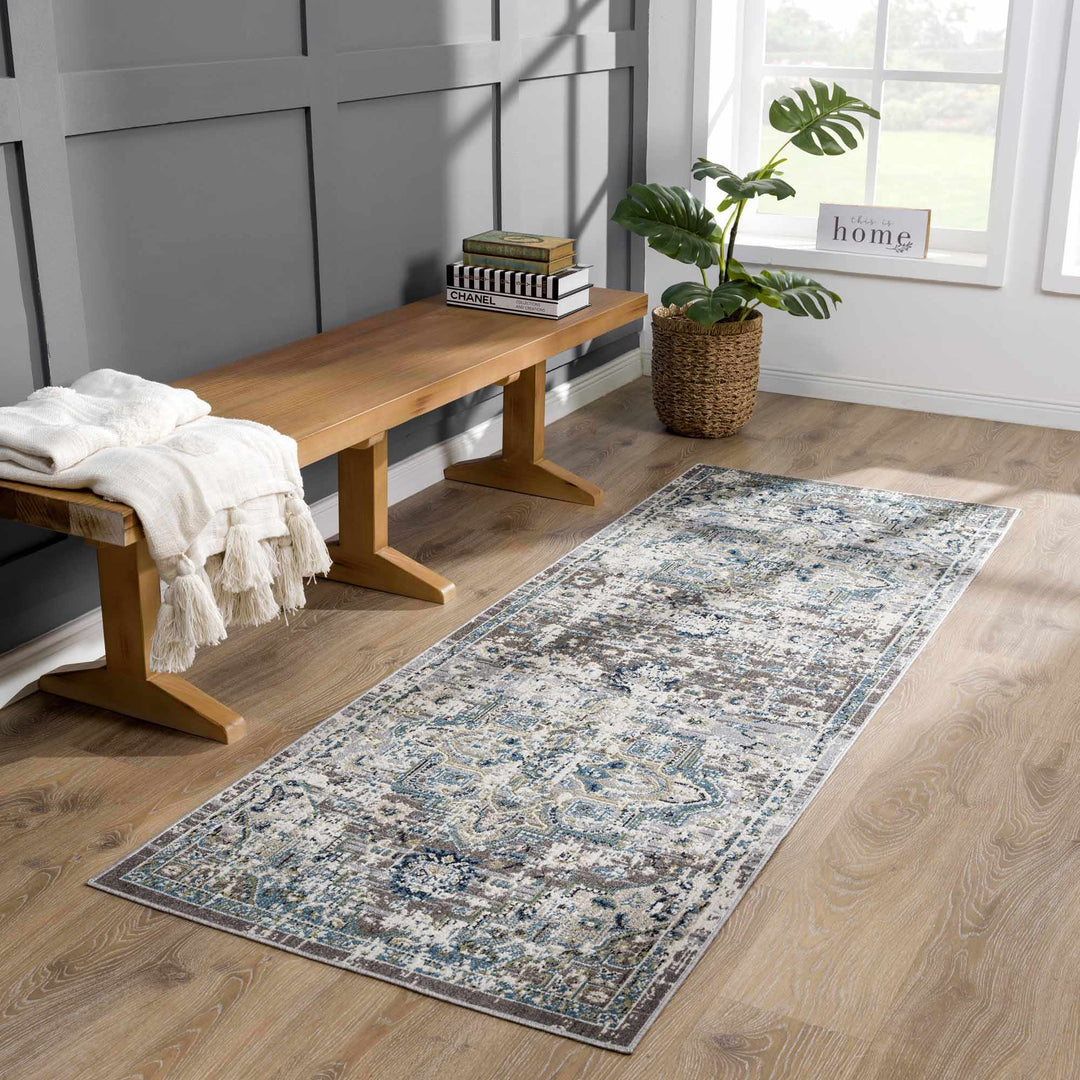 Ivory, Teal, Gray and Charcoal Traditional Transitional Design Washable Area Rug - The Rug Decor