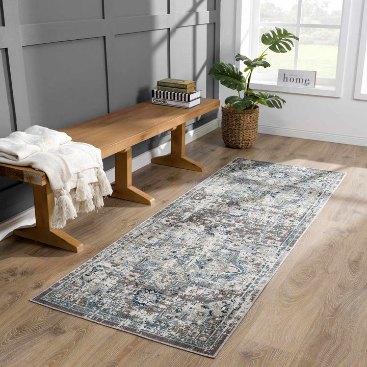Ivory, Teal, Gray and Charcoal Traditional Transitional Design Washable Area Rug - The Rug Decor