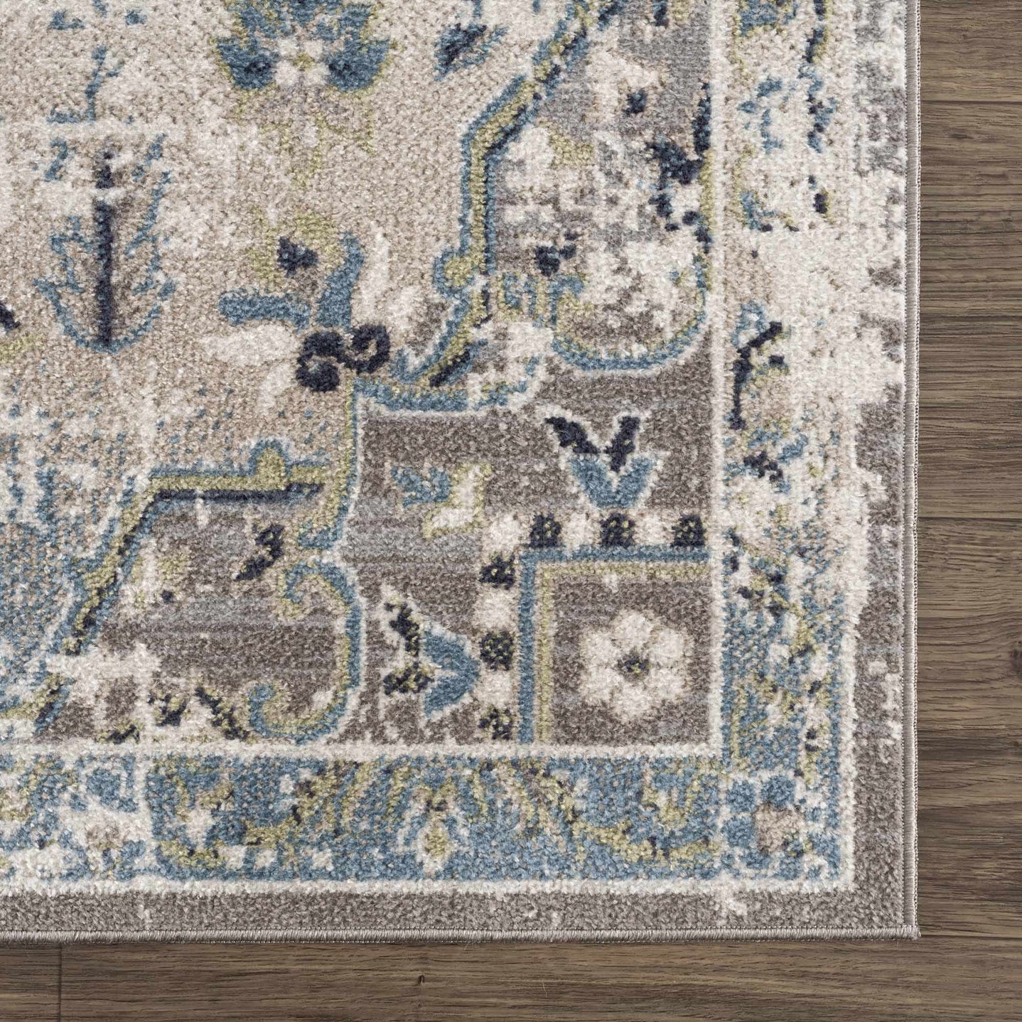 Ivory, Teal, Gray and Charcoal Traditional Transitional Design Washable Area Rug - The Rug Decor
