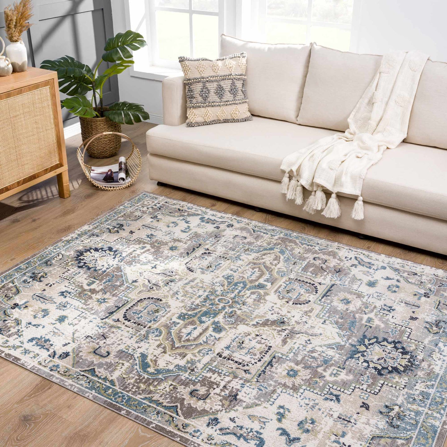 Ivory, Teal, Gray and Charcoal Traditional Transitional Design Washable Area Rug - The Rug Decor