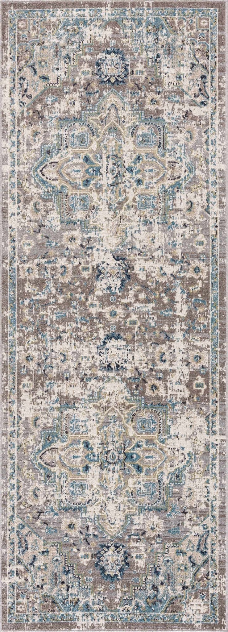 Ivory, Teal, Gray and Charcoal Traditional Transitional Design Washable Area Rug - The Rug Decor