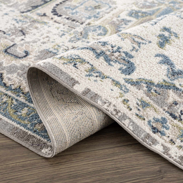 Ivory, Teal, Gray and Charcoal Traditional Transitional Design Washable Area Rug - The Rug Decor