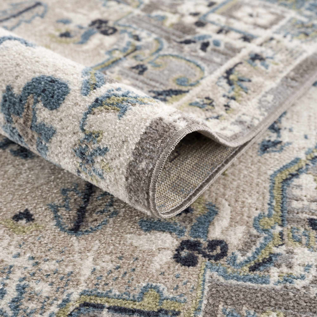Ivory, Teal, Gray and Charcoal Traditional Transitional Design Washable Area Rug - The Rug Decor