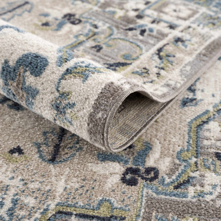 Ivory, Teal, Gray and Charcoal Traditional Transitional Design Washable Area Rug - The Rug Decor