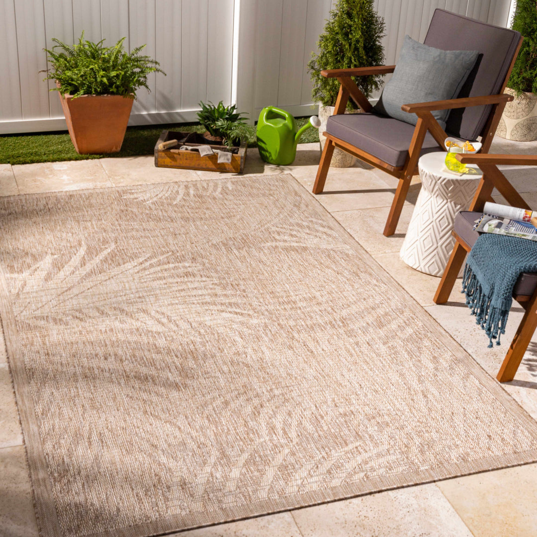 Jens Modern Leaf Pattern Tan Outdoor Area Rug