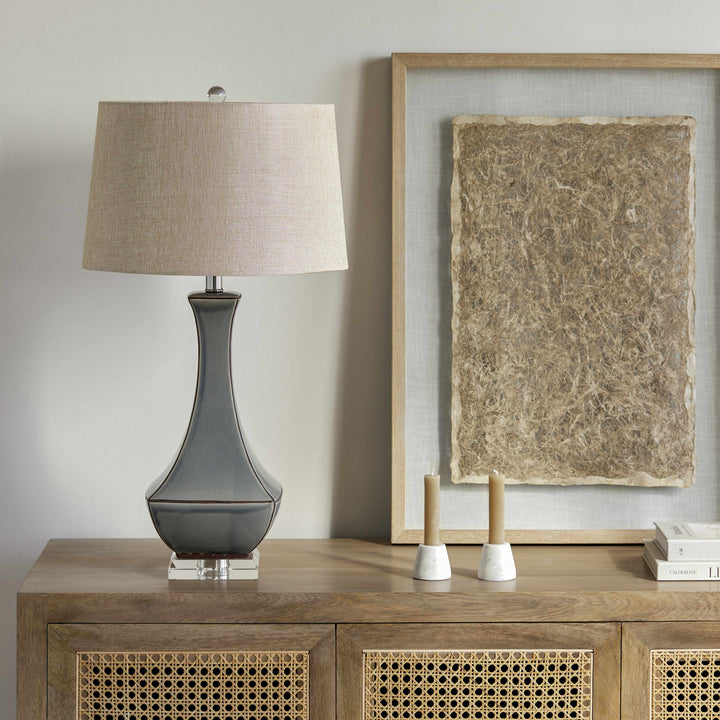 Kalilangan Gray Ceramic Table Lamp – Traditional Accent Lighting with Faux Silk Shade