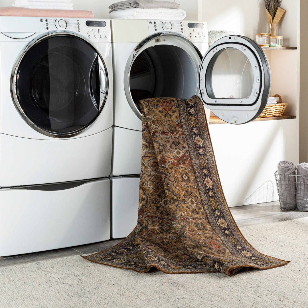 Kalbugan Brown And Blue Traditional Style Washable Area Rug - The Rug Decor