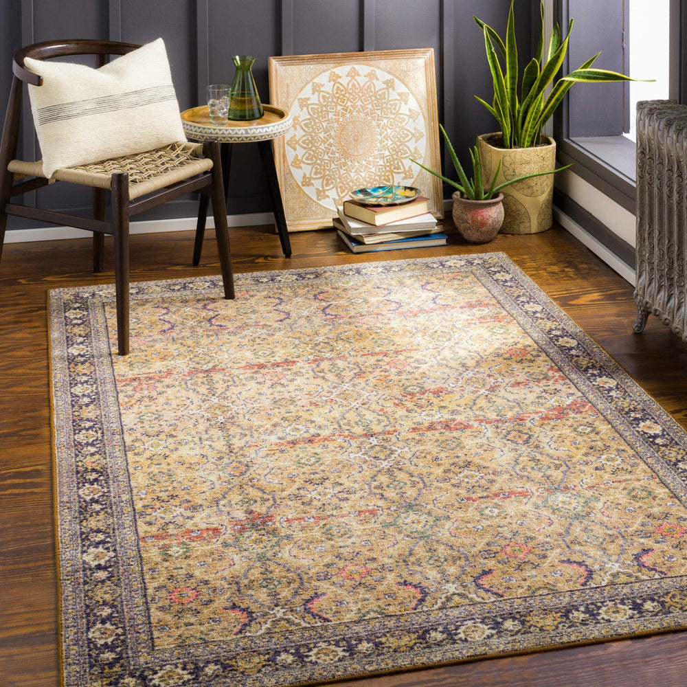 Kalbugan Brown And Blue Traditional Style Washable Area Rug - The Rug Decor