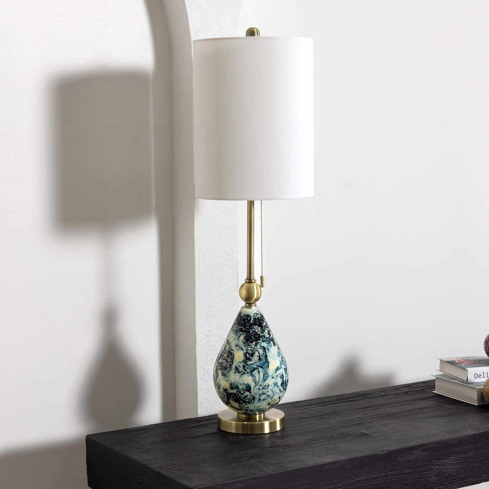 Katipunan Aqua & Metallic Brass Table Lamp – Traditional Glass Accent Light - The Rug Decor