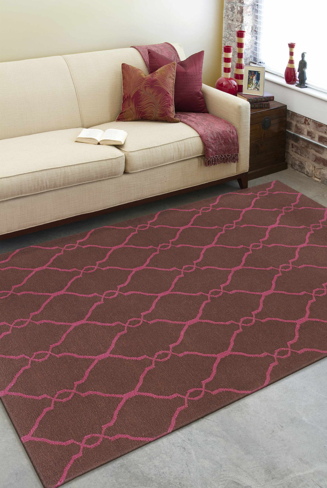 Keansburg Modern Geometrical Brown And Pink Wool Area Rug