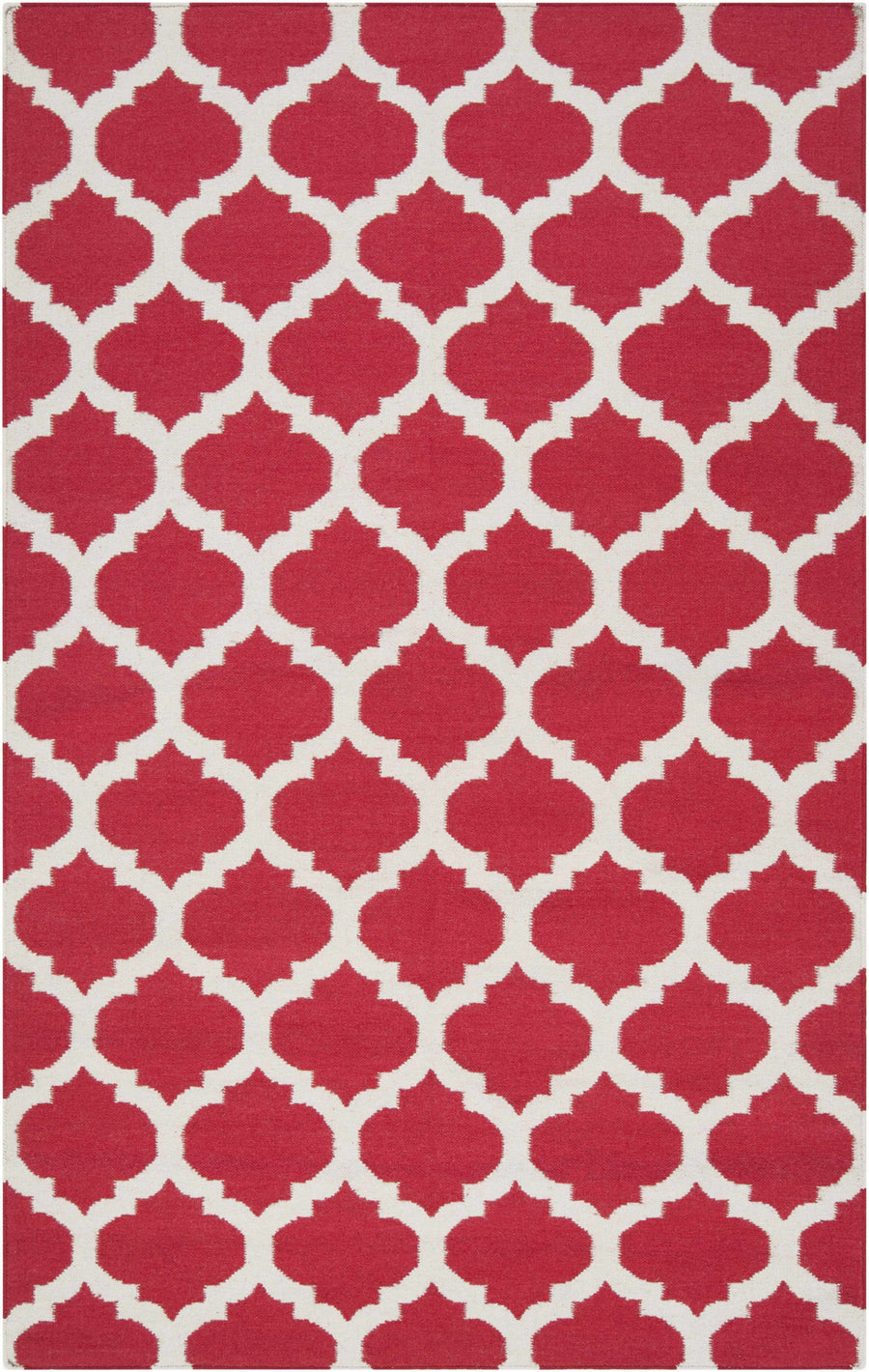 Red and white geometric hand-woven area rug with repeating quatrefoil trellis pattern.