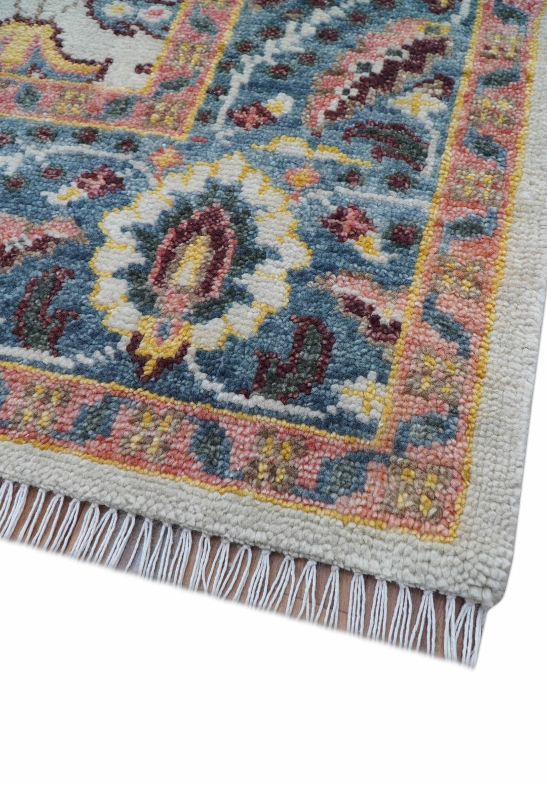Kelly Turkish Design Ivory And Blue Hand Knotted Wool Rug - The Rug Decor