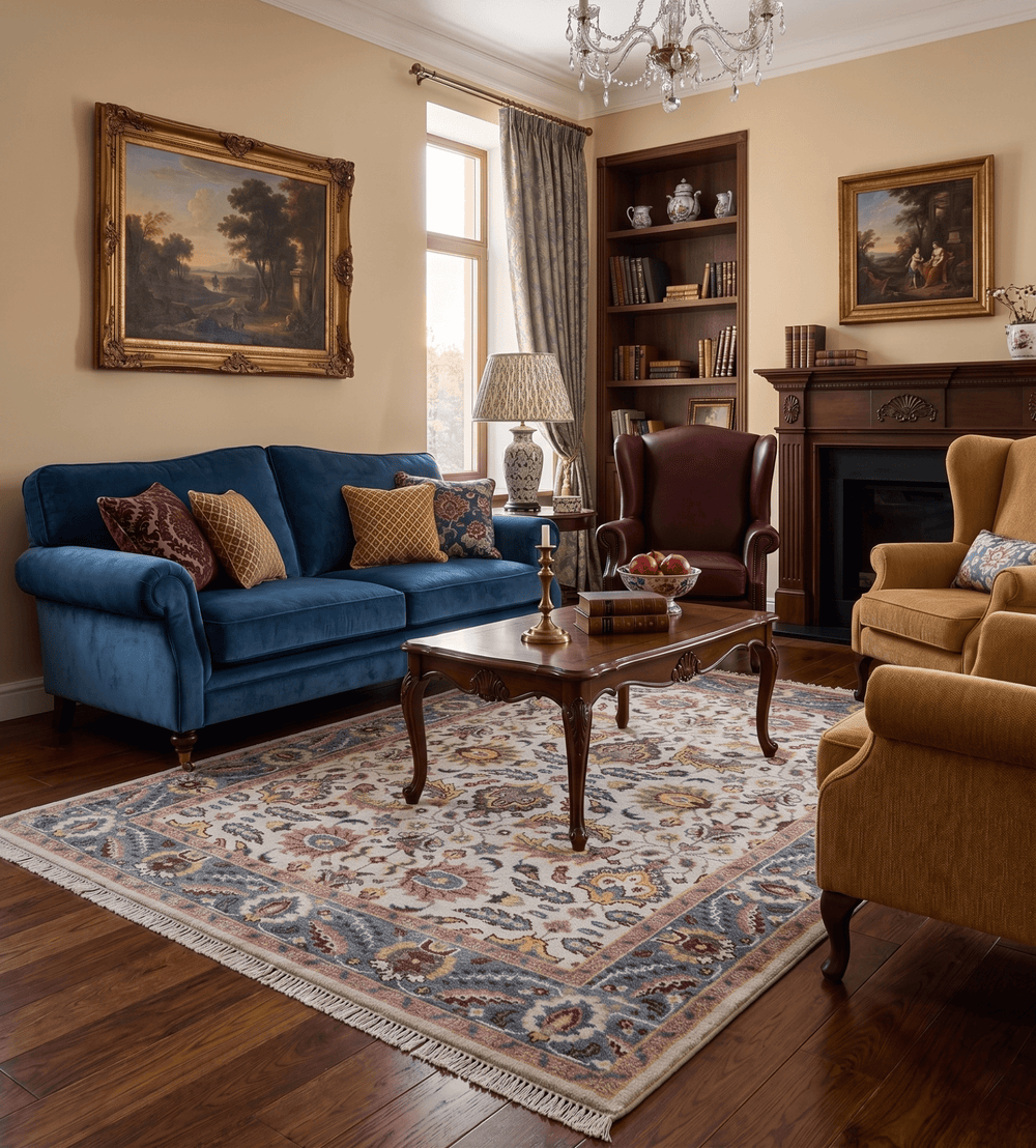 Kelly Turkish Design Ivory And Blue Hand Knotted Wool Rug - The Rug Decor