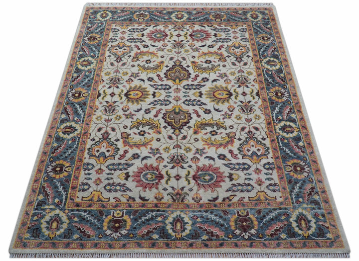 Kelly Turkish Design Ivory And Blue Hand Knotted Wool Rug - The Rug Decor