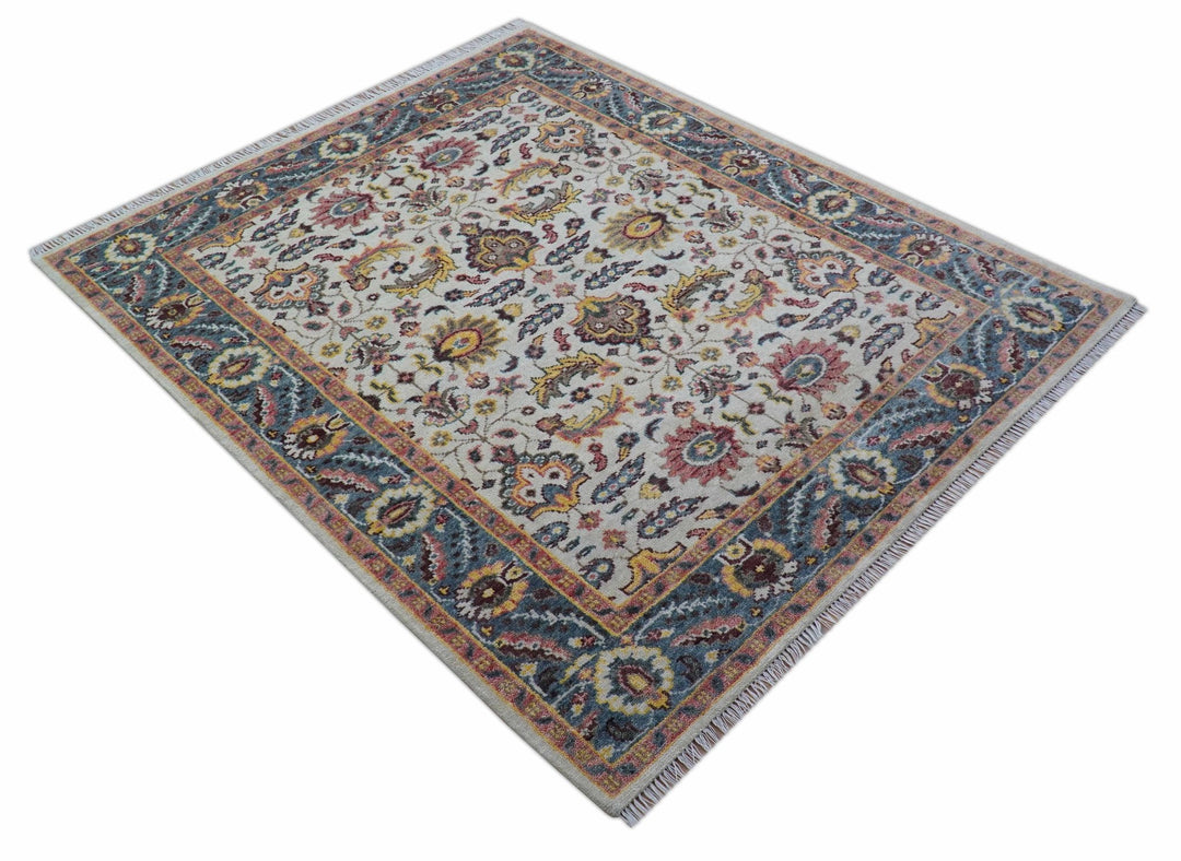 Kelly Turkish Design Ivory And Blue Hand Knotted Wool Rug - The Rug Decor