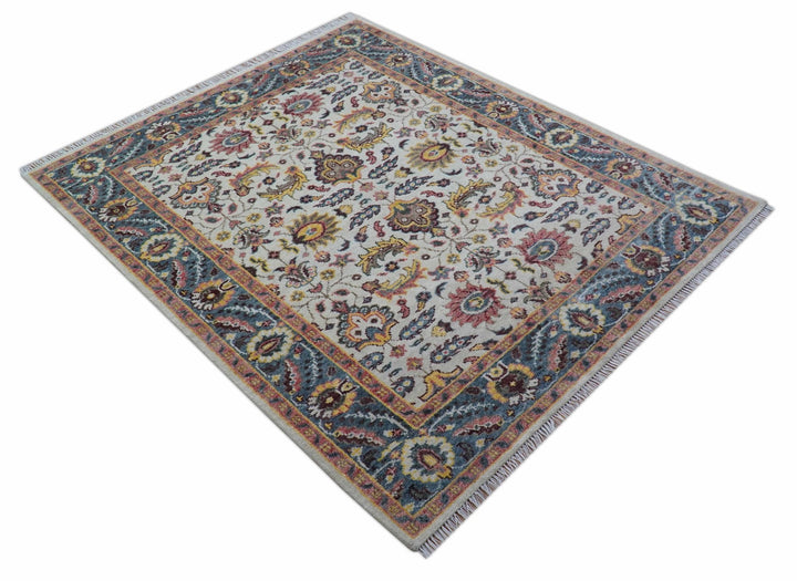 Kelly Turkish Design Ivory And Blue Hand Knotted Wool Rug - The Rug Decor