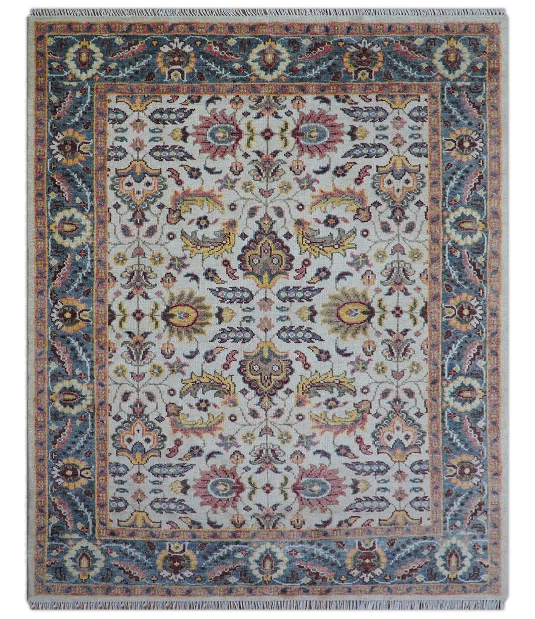 Kelly Turkish Design Ivory And Blue Hand Knotted Wool Rug - The Rug Decor