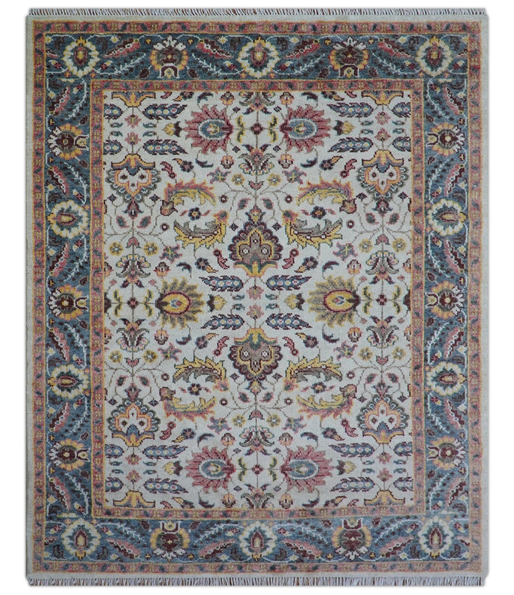 Kelly Turkish Design Ivory And Blue Hand Knotted Wool Rug - The Rug Decor