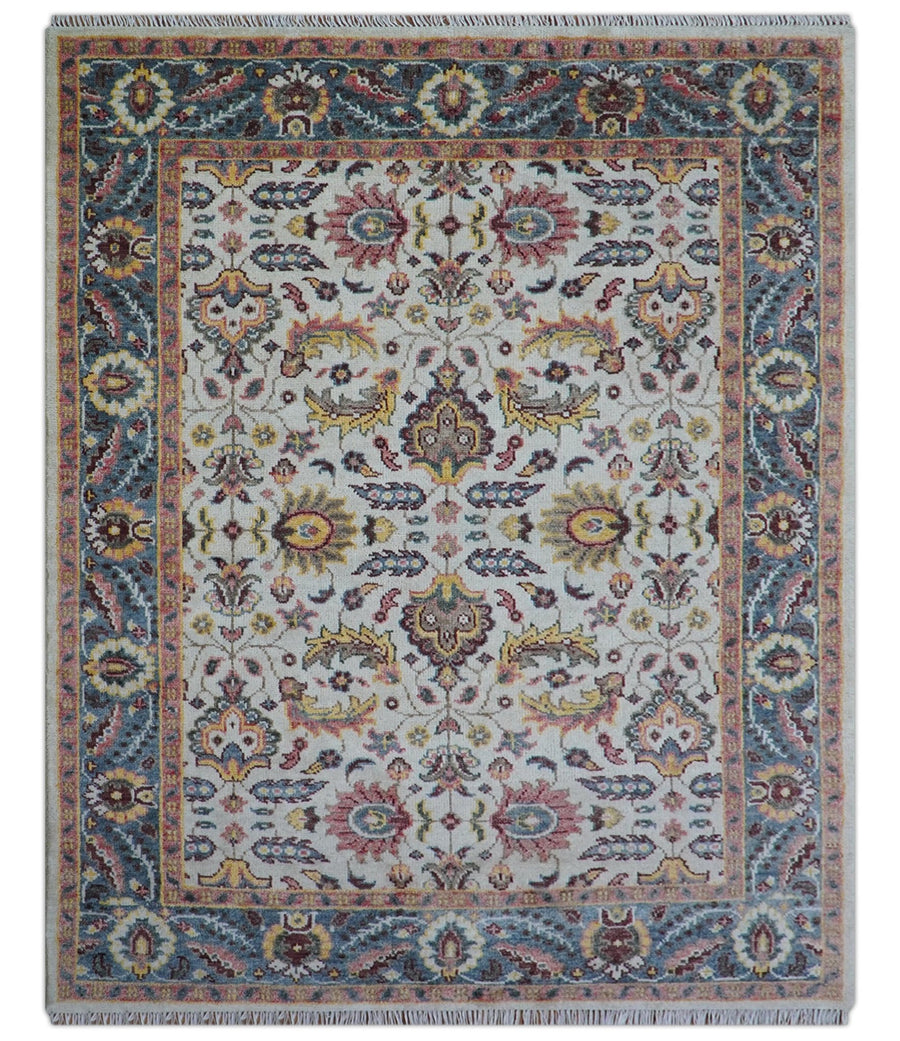 Kelly Turkish Design Ivory And Blue Hand Knotted Wool Rug - The Rug Decor