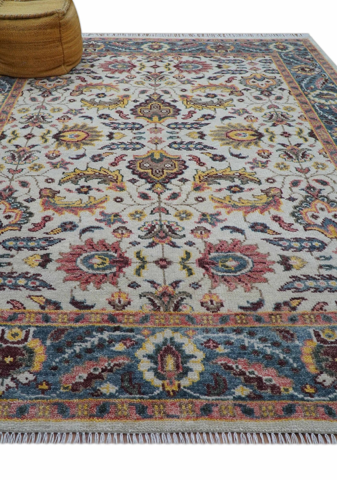 Kelly Turkish Design Ivory And Blue Hand Knotted Wool Rug - The Rug Decor