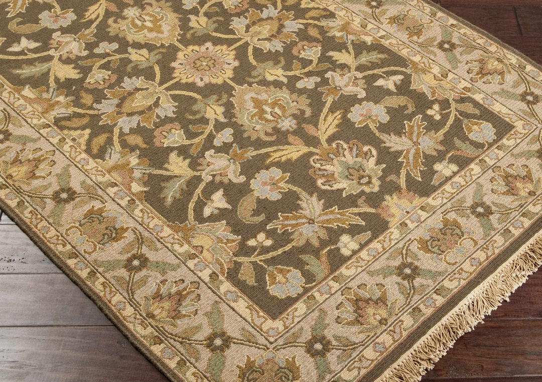 Kelseyville Traditional Floral Design Olive Hand Knotted Area Rug
