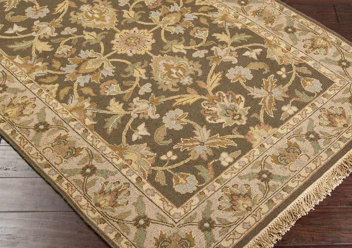 Kelseyville Traditional Floral Design Olive Hand Knotted Area Rug