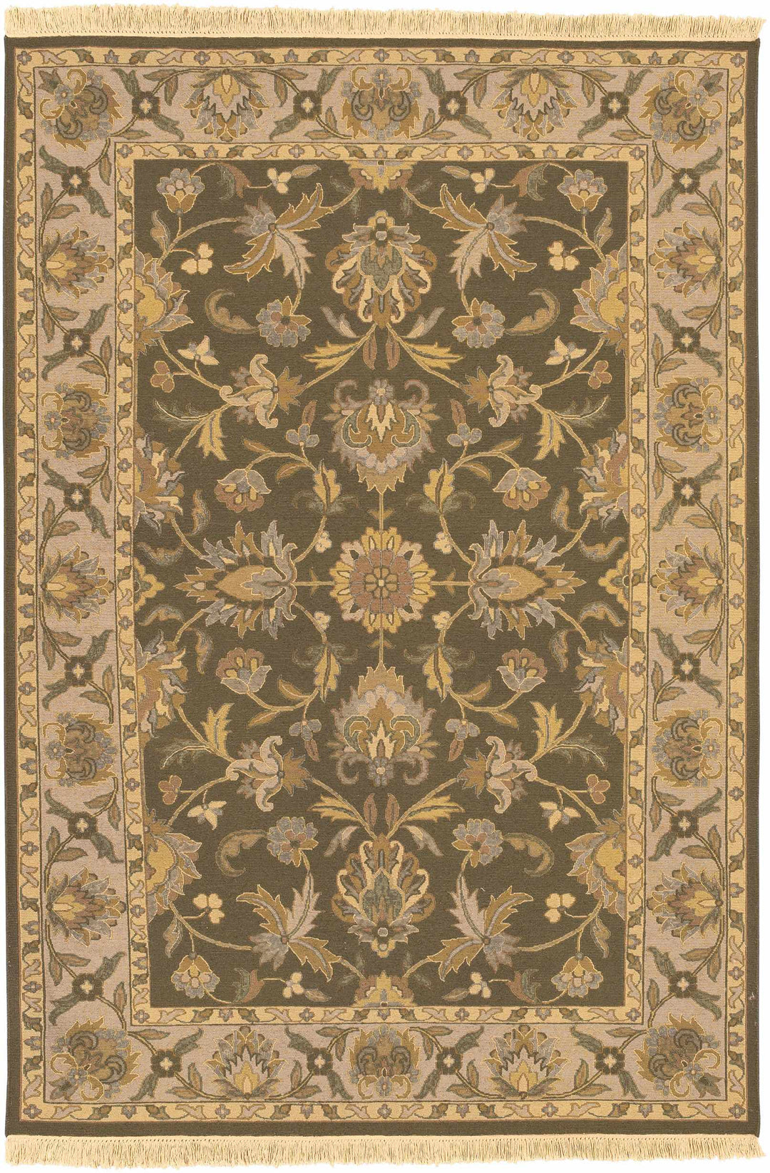 Kelseyville Traditional Floral Design Olive Hand Knotted Area Rug