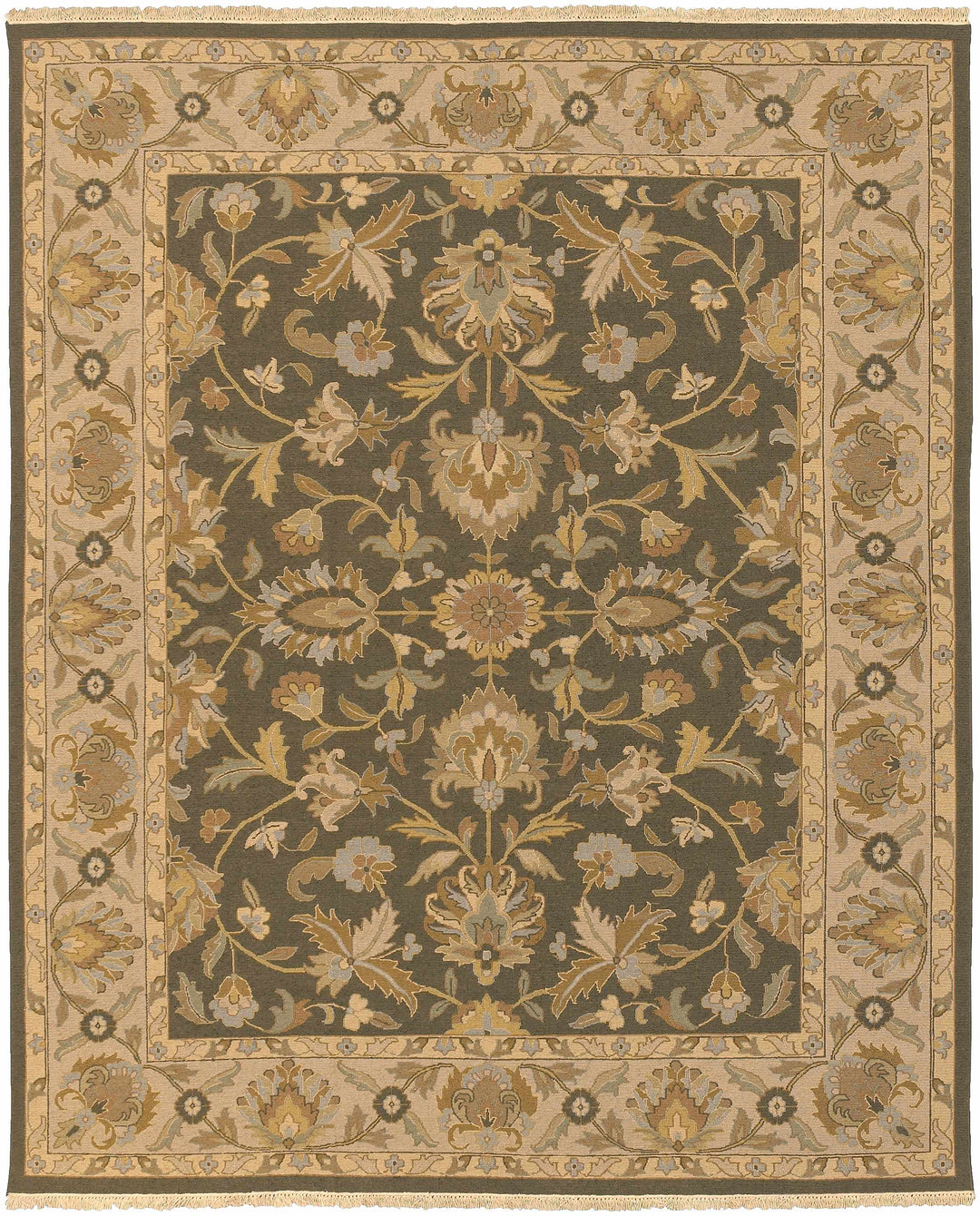 Kelseyville Traditional Floral Design Olive Hand Knotted Area Rug