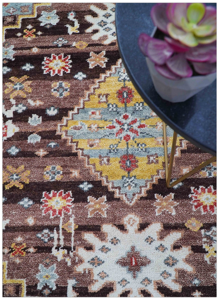 Ken Transitional Design Brown And Mustard Hand Knotted Wool Rug - The Rug Decor