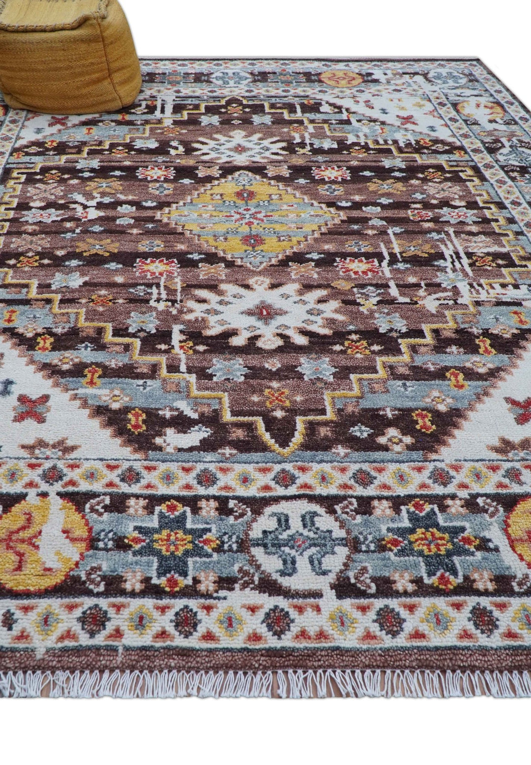 Ken Transitional Design Brown And Mustard Hand Knotted Wool Rug - The Rug Decor