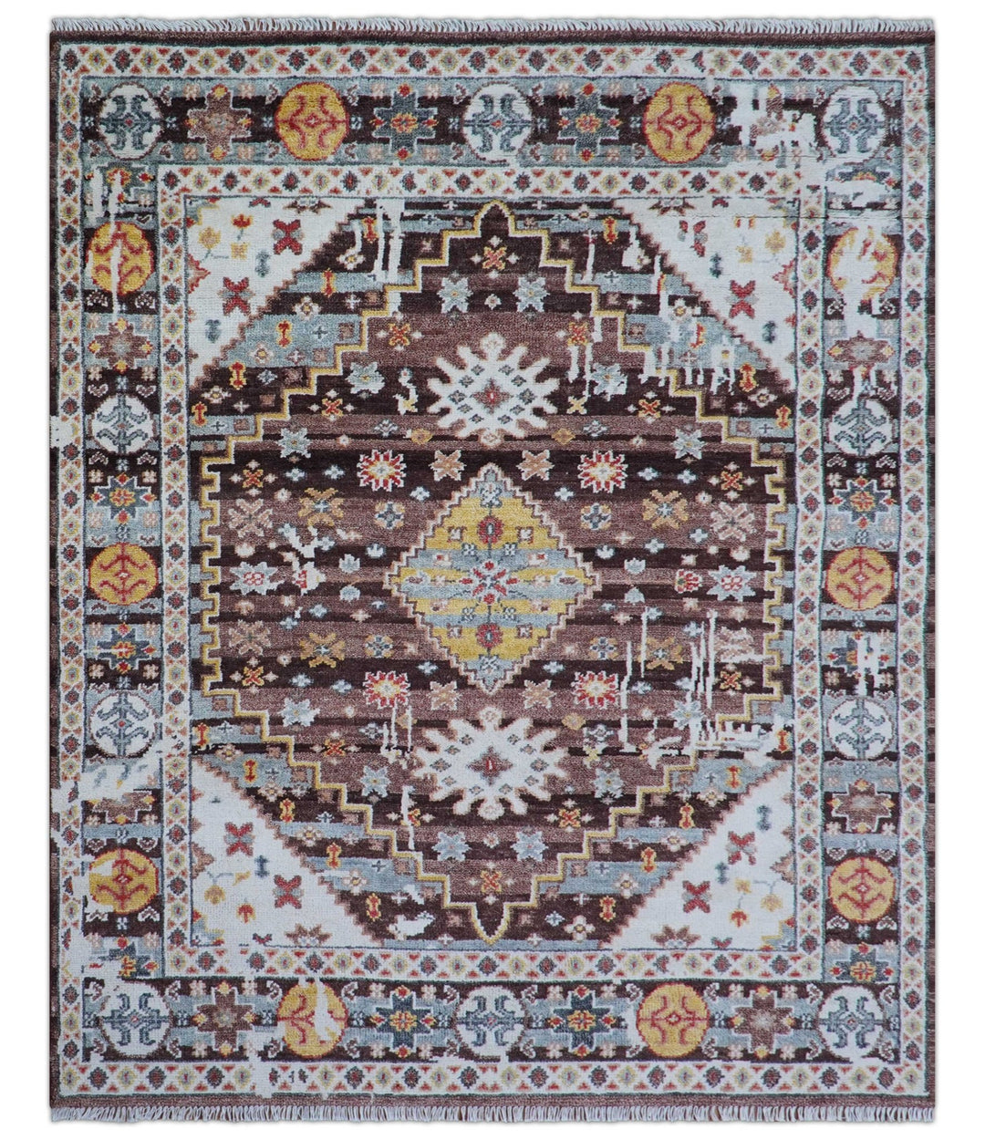 Ken Transitional Design Brown And Mustard Hand Knotted Wool Rug - The Rug Decor