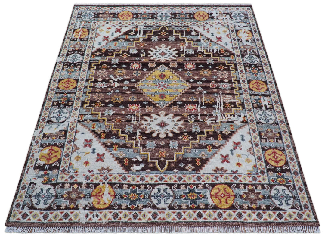 Ken Transitional Design Brown And Mustard Hand Knotted Wool Rug - The Rug Decor