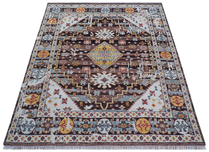 Ken Transitional Design Brown And Mustard Hand Knotted Wool Rug - The Rug Decor