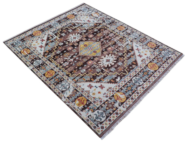 Ken Transitional Design Brown And Mustard Hand Knotted Wool Rug - The Rug Decor