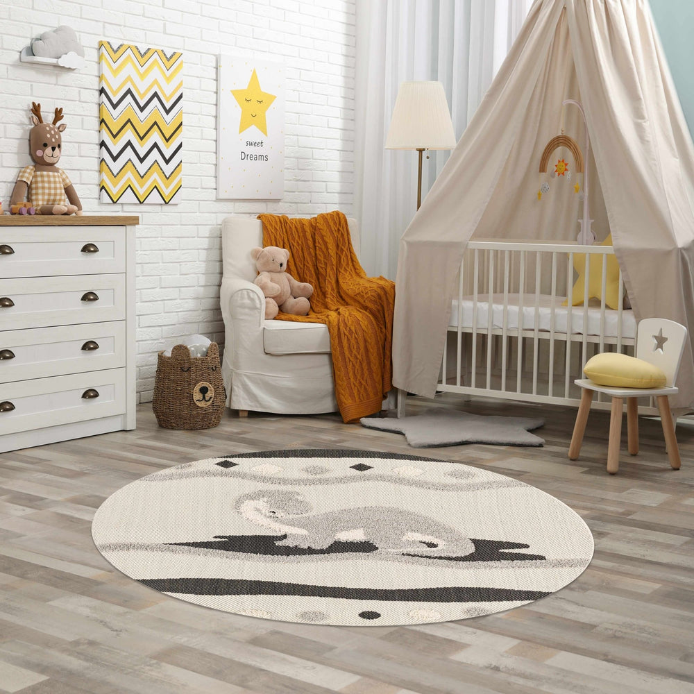 Kids Dinosaur Beige, Gray and Black high low Texture Round Outdoor safe Area Rug - The Rug Decor