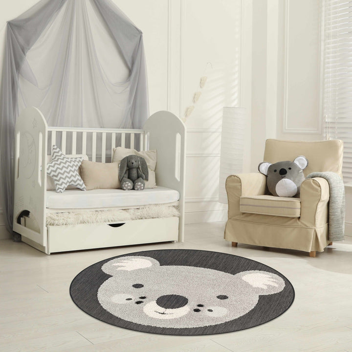 Kids Koala Gray, Black and Beige high low Texture out door safe Round Rug - The Rug Decor