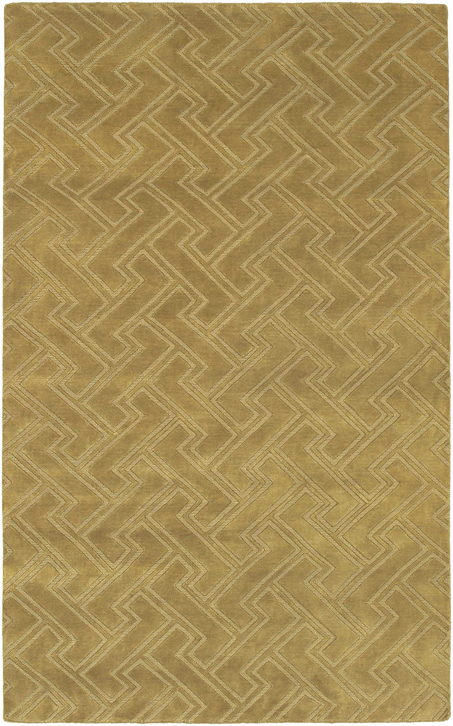 Camel brown wool area rug with tan geometric chevron pattern.