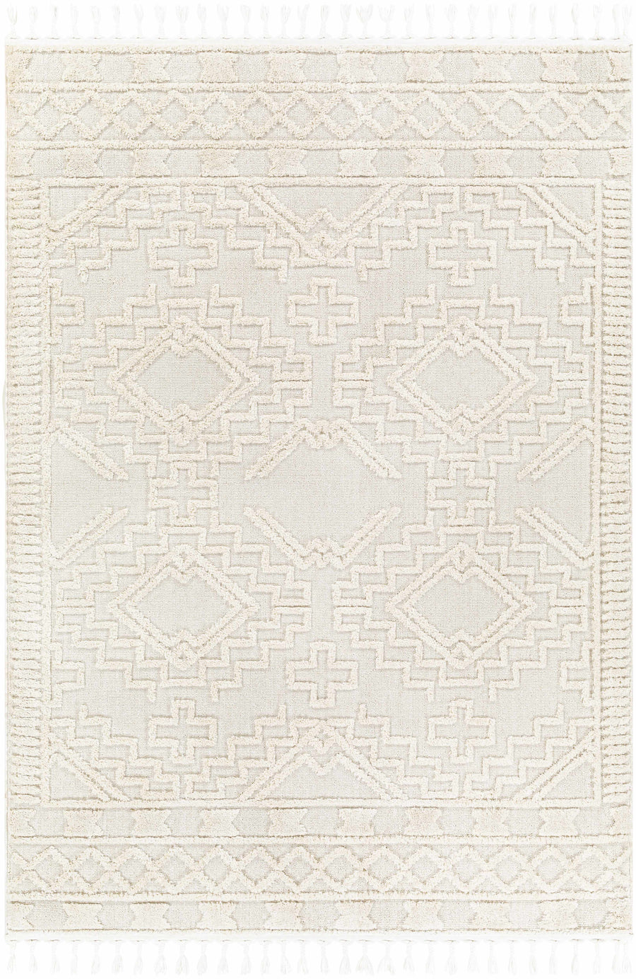 Ivory geometric area rug with raised cross and maze pattern, flat woven texture