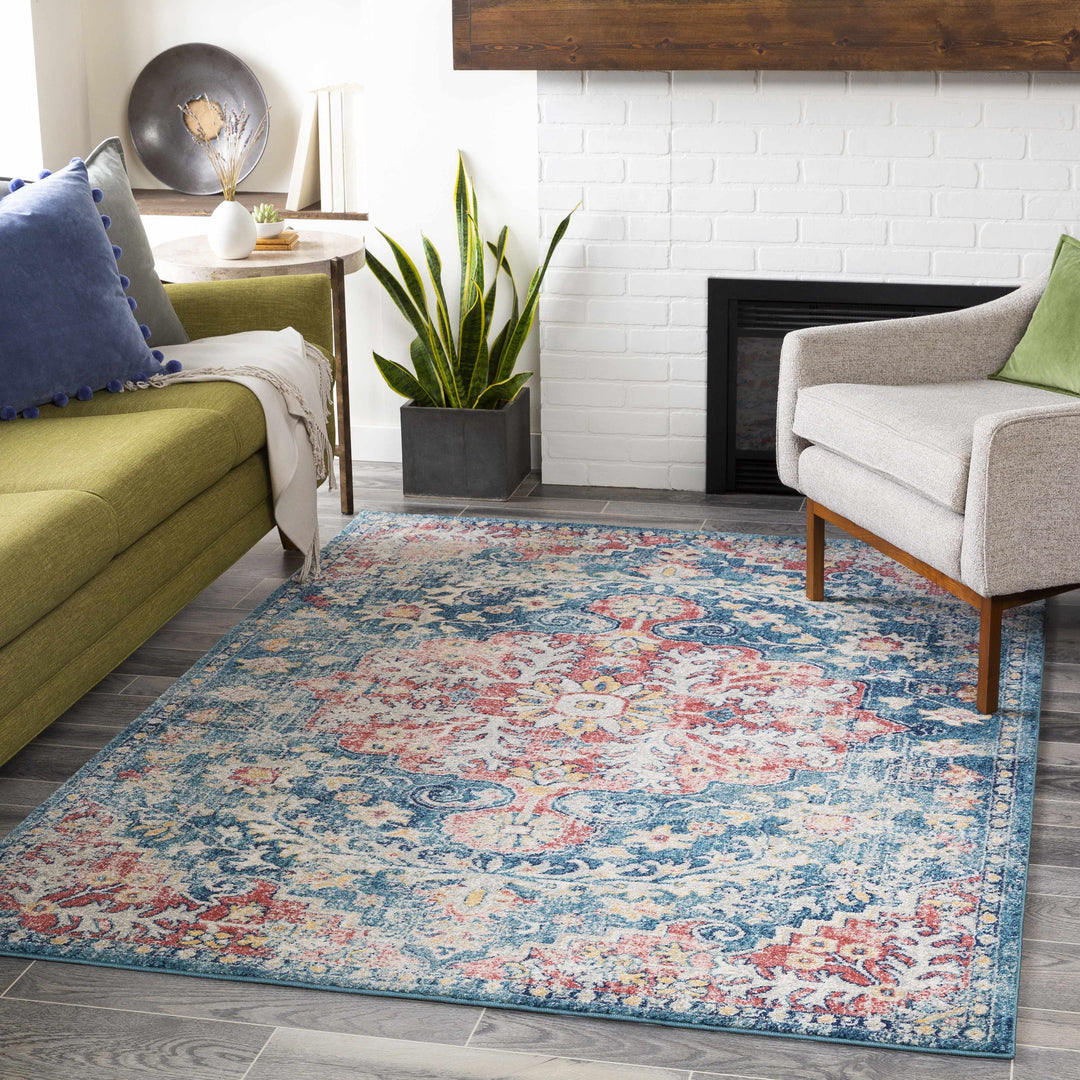 Knowsley Blue And Red Traditional Style Area Rug