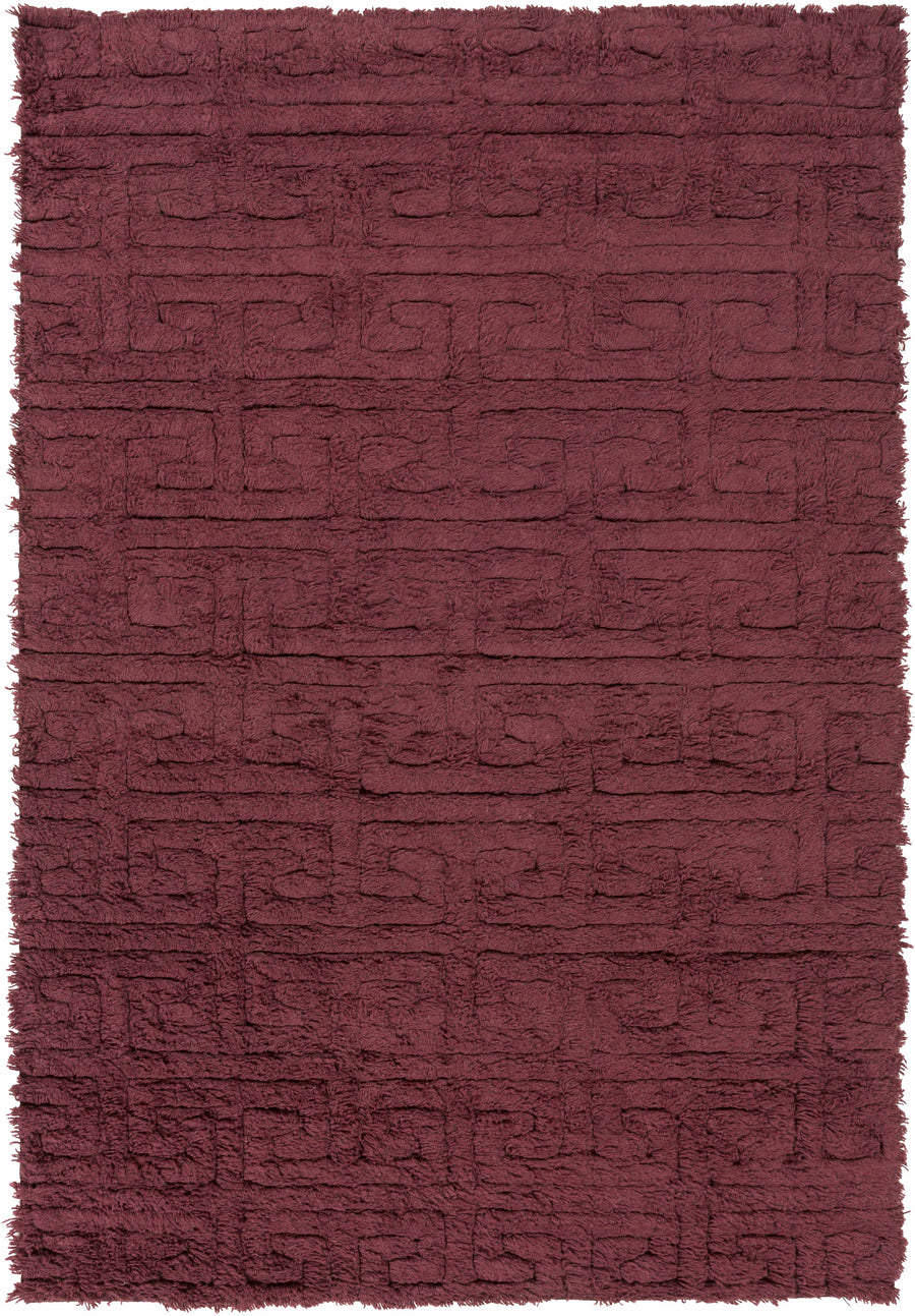 Maroon hand-woven wool area rug with geometric pattern and short fringe edges