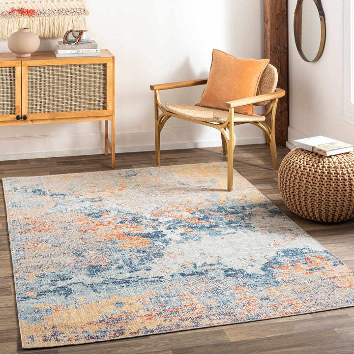 Landen Contemporary Abstract Camel And Blue Rug - The Rug Decor
