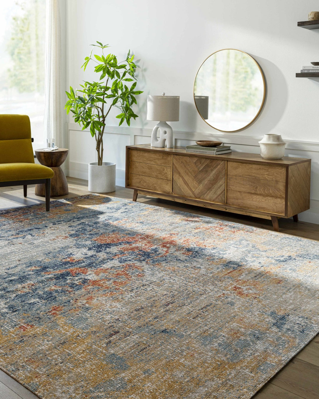 Landen Contemporary Abstract Camel And Blue Rug - The Rug Decor