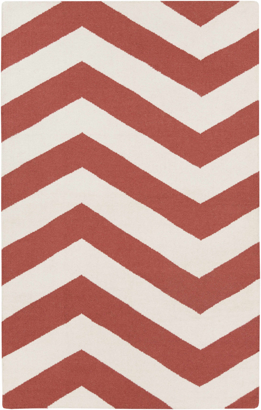 Rust and ivory chevron area rug with zigzag pattern, rectangular layout.