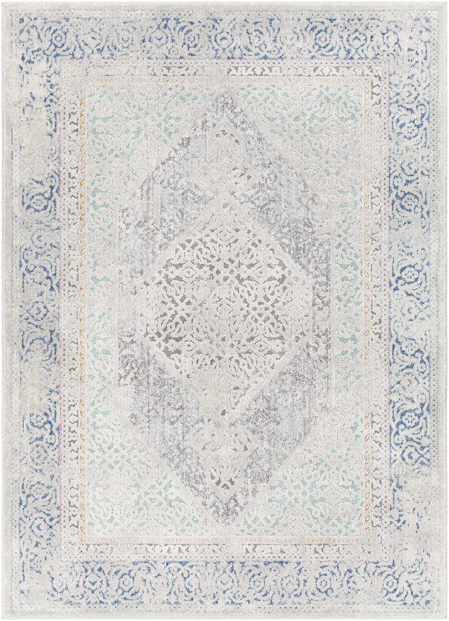 Traditional ivory and blue area rug with ornate medallion and floral border